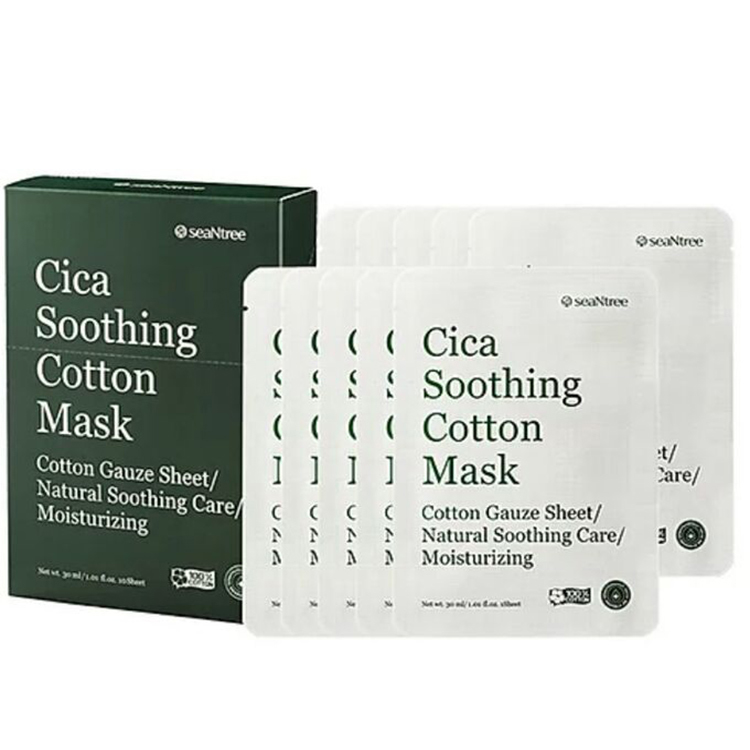 SEANTREE CICA SOOTHING COTTON MASK 1PACK (10PCS), Успокаивающая хлопковая маска CICA 1упаковка (10лист)