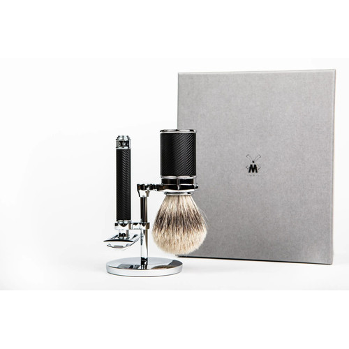 Бритвенный набор MUEHLE TRADITIONAL, черный хром, барсучий ворс высшей категории Silvertip, Т-образная бритва — изображение 2