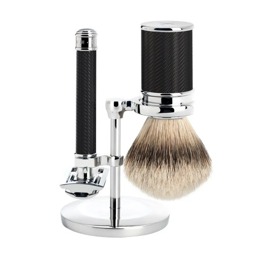 Бритвенный набор MUEHLE TRADITIONAL, черный хром, барсучий ворс высшей категории Silvertip, Т-образная бритва