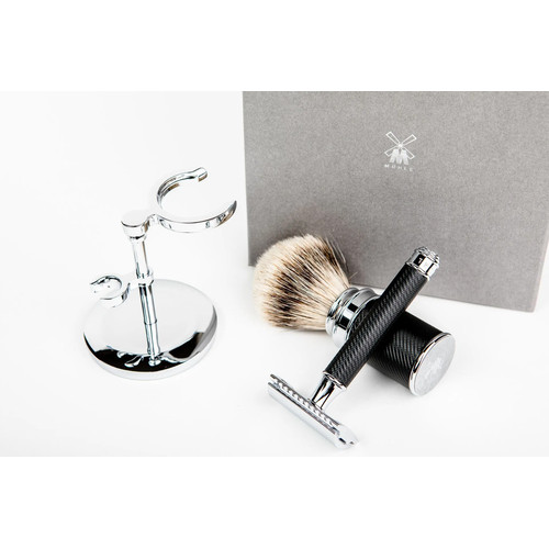 Бритвенный набор MUEHLE TRADITIONAL, черный хром, барсучий ворс высшей категории Silvertip, Т-образная бритва — изображение 4
