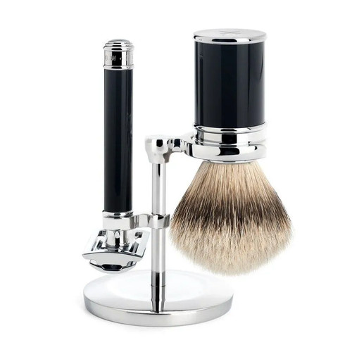 Бритвенный набор MUEHLE TRADITIONAL, черная смола, барсучий ворс высшей категории Silvertip, Т-образная бритва
