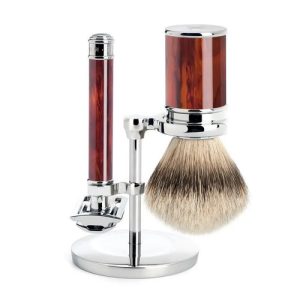 Бритвенный набор MUEHLE TRADITIONAL, смола черепахового цвета, барсучий ворс высшей категории Silvertip, Т-образная бритва