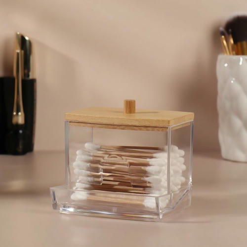 Органайзер для хранения ватных палочек «BAMBOO», с крышкой, 9 x 7,5 x 7 см, в картонной коробке, цвет прозрачный/коричневый — изображение 2