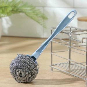 Губка для посуды металлическая с ручкой, 20x6x3 см, 15 г, цвет МИКС