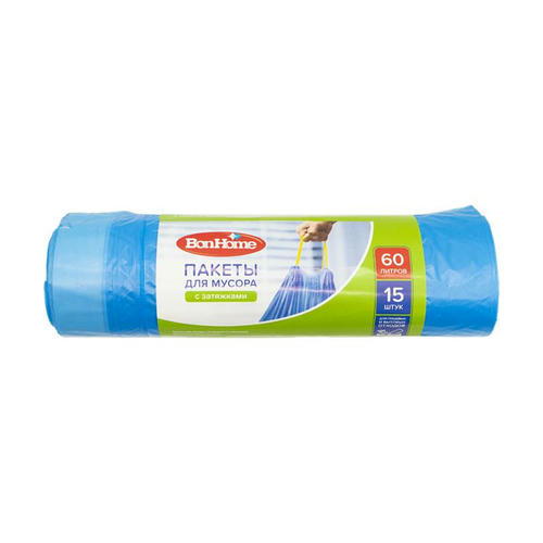 Пакеты для мусора с затяжками, BonHome, 60 л, 15 шт