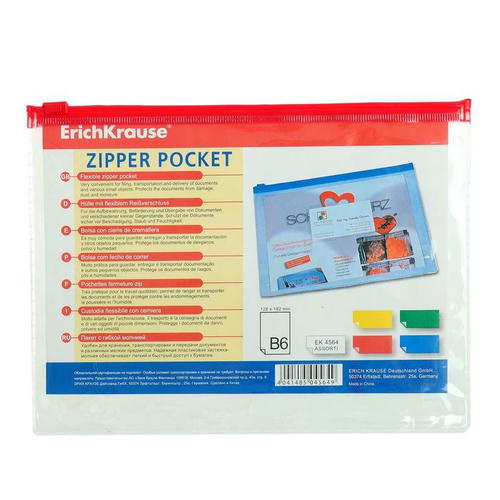 Папка-конверт на ZIP-молнии В6 140 мкм, ErichKrause PVC Zip Pocket, прозрачная микс, до 100 листов - 12 шт. — изображение 3
