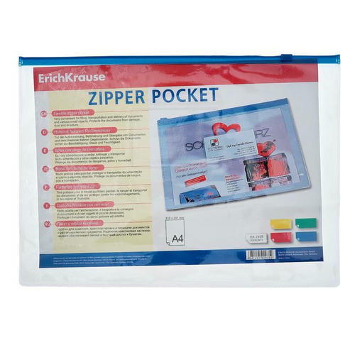Папка-конверт на ZIP-молнии А4, 140 мкм, ErichKrause PVC Zip Pocket, прозрачная, до 100 листов, микс - 12 шт. — изображение 3